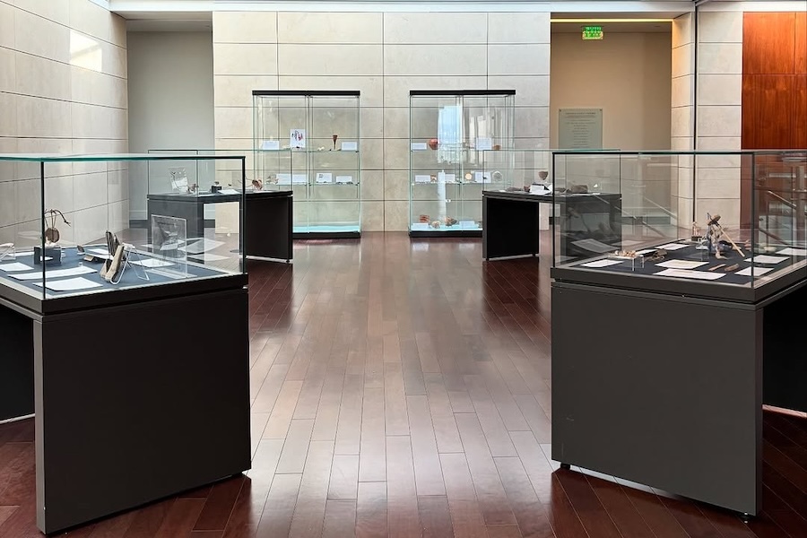 Glass display cases arranged in a university exhibit room showcasing ancient artifacts from Tuleilat el-Ghassul, curated by LMU students in Spring 2025